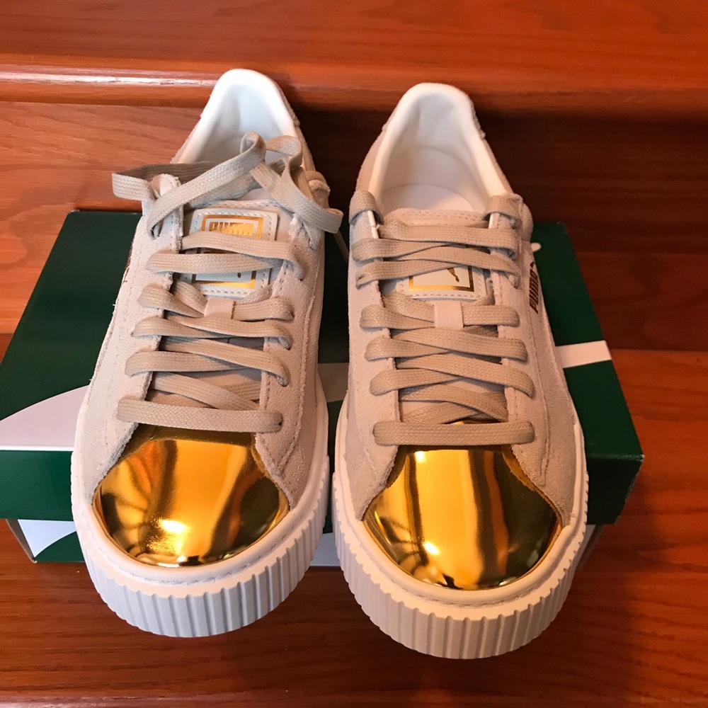 Puma suede platform sneakers w/gold toe